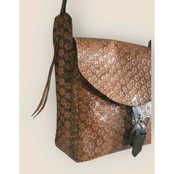Leather Hand Tooled Mexican Crossbody Bag Floral Brown Green Cross Stich Tassel - Picture 3 of 11